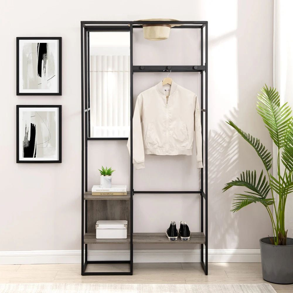 Bryant Modern Metal and Wood Hall Tree With Mirror