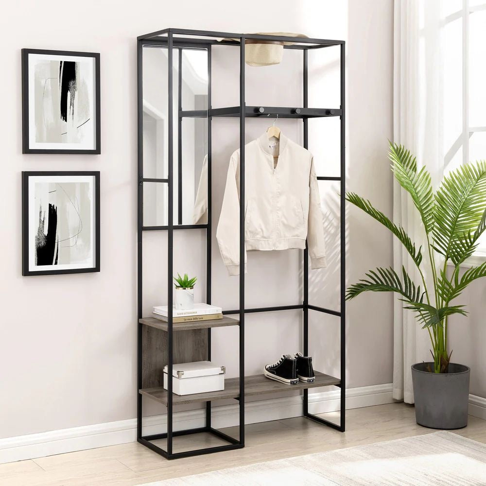 Bryant Modern Metal and Wood Hall Tree With Mirror