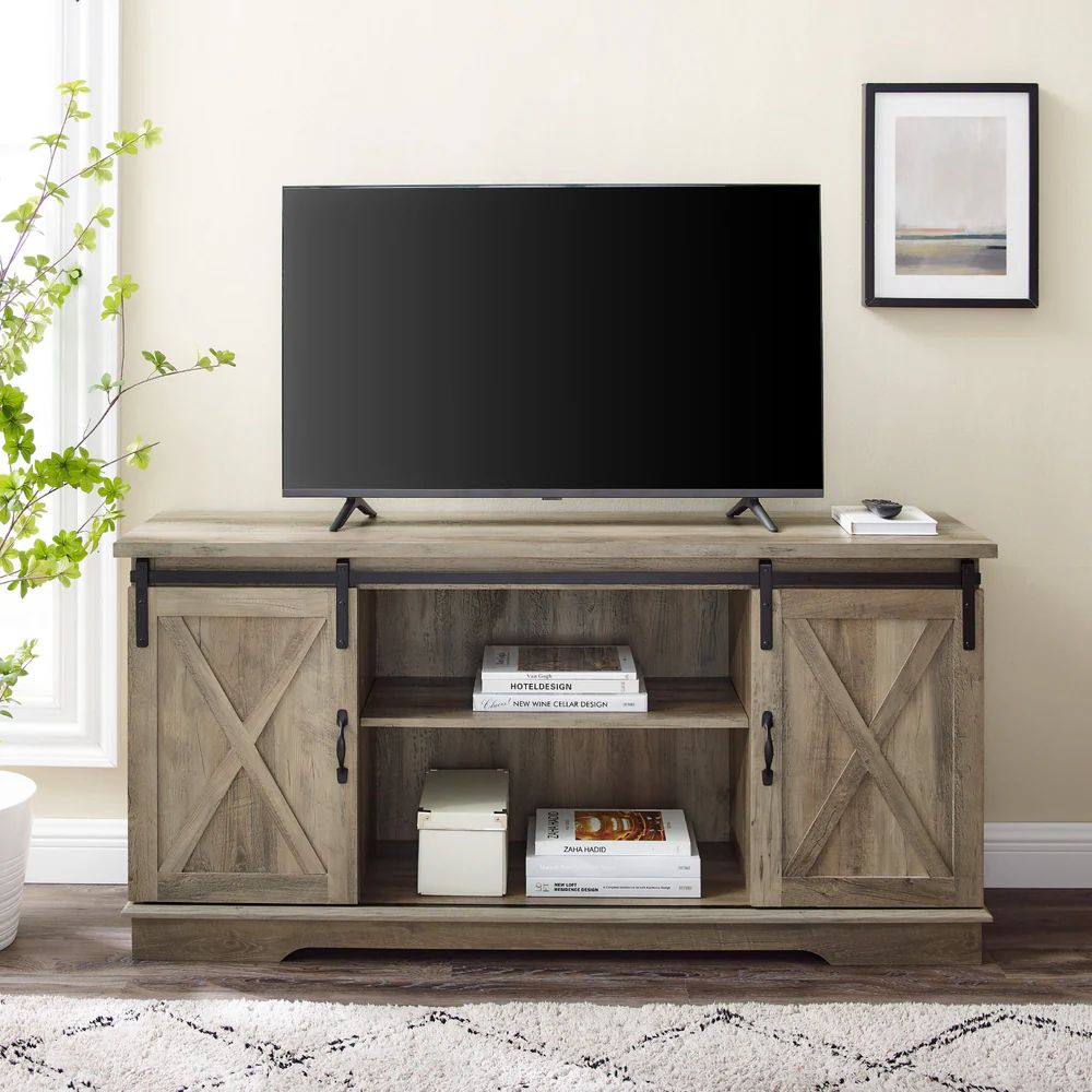 58" Sliding Barn Door TV Stand - Grey Wash