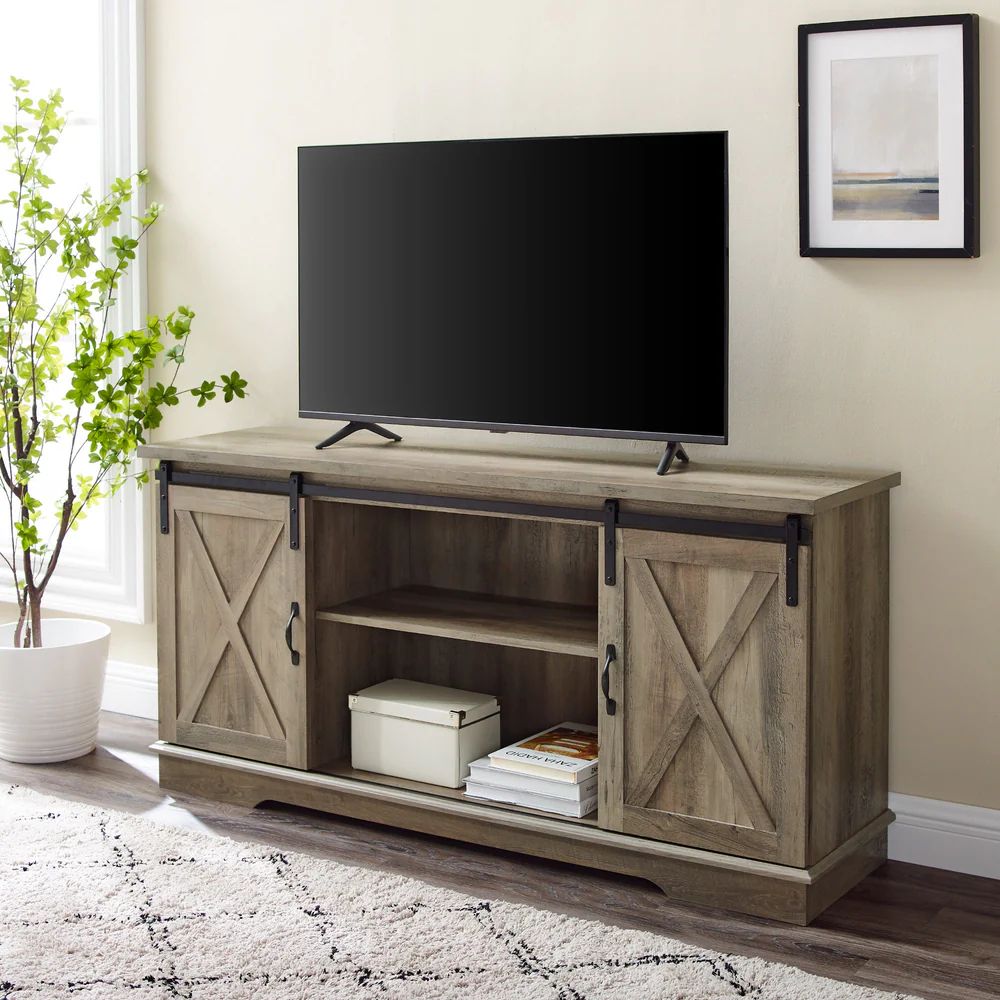 58" Sliding Barn Door TV Stand - Grey Wash