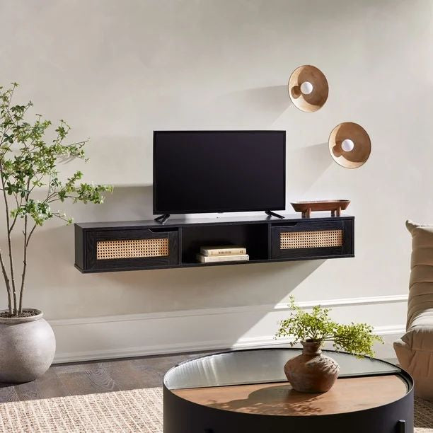Modern Floating Rattan-Door TV Stand