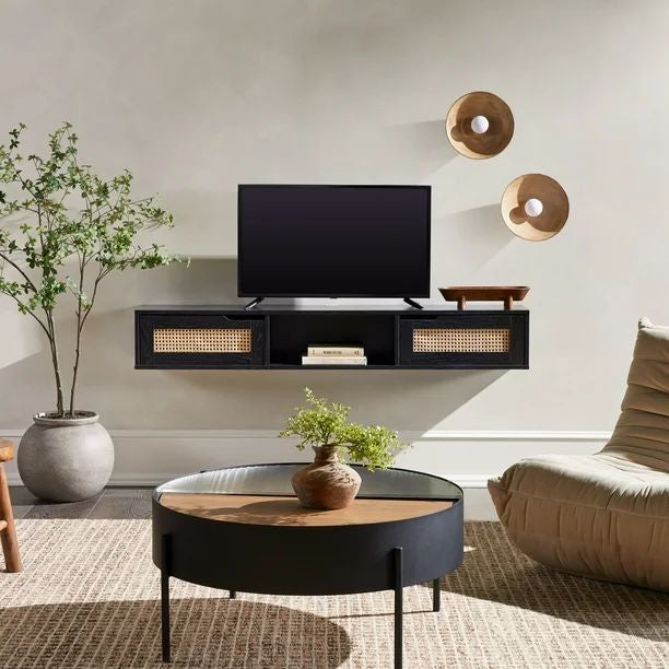 Modern Floating Rattan-Door TV Stand