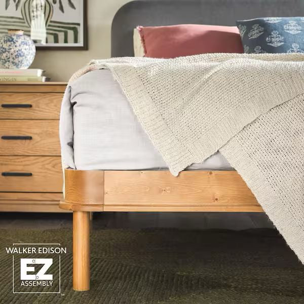 Contemporary Solid Wood Platform Bed with Curved Upholstered Headboard