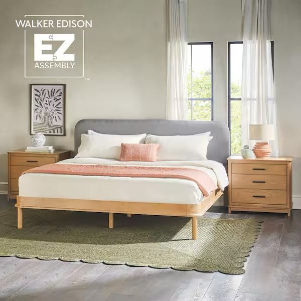 Contemporary Solid Wood Platform Bed with Curved Upholstered Headboard