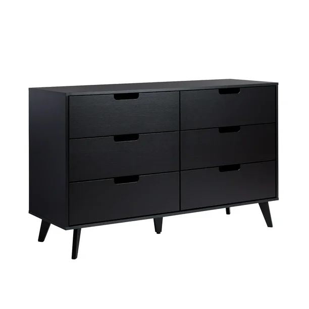 Simple Wood 6 Drawer Dresser with Cut Out Handles - Black
