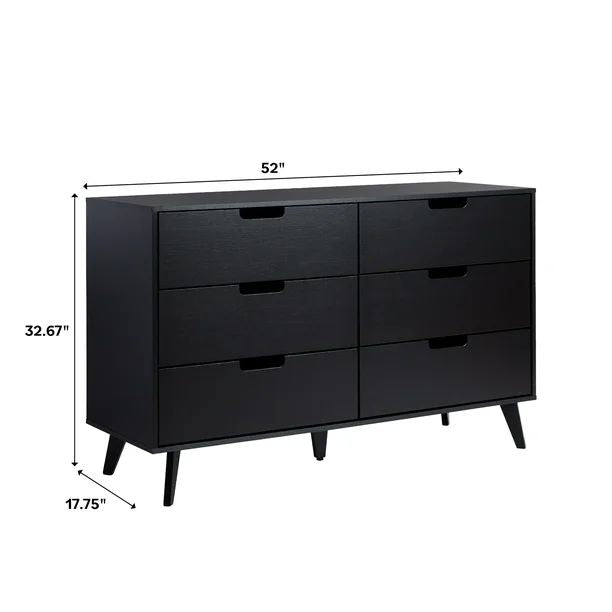 Simple Wood 6 Drawer Dresser with Cut Out Handles - Black