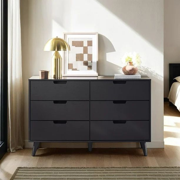 Simple Wood 6 Drawer Dresser with Cut Out Handles - Black