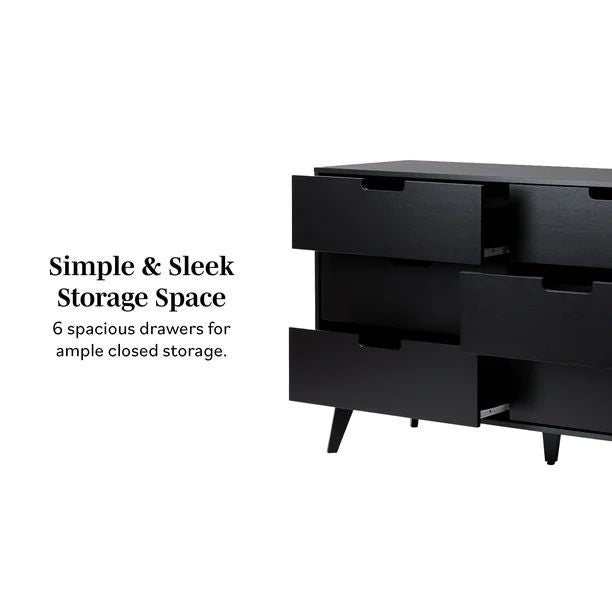Simple Wood 6 Drawer Dresser with Cut Out Handles - Black
