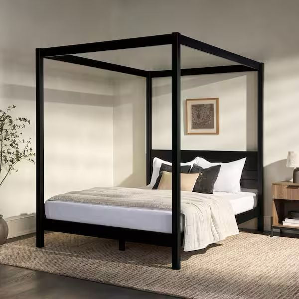 Minimalist Black Wood Frame King Plank Canopy Bed