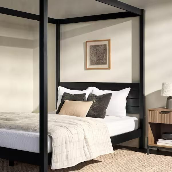 Minimalist Black Wood Frame King Plank Canopy Bed