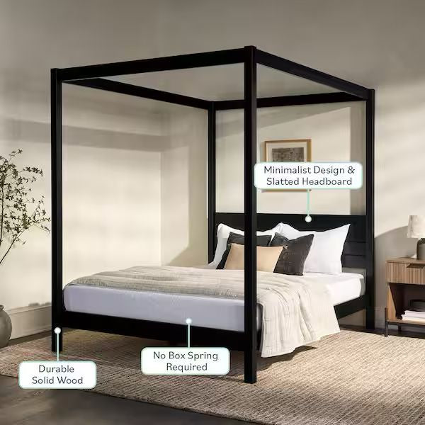 Minimalist Black Wood Frame King Plank Canopy Bed