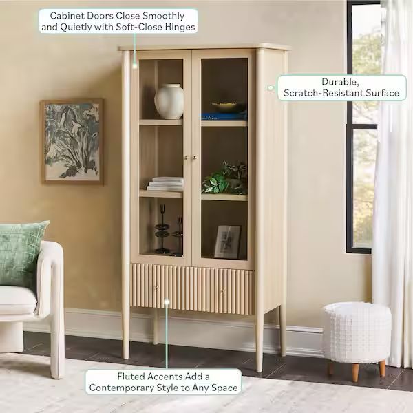 Samantha Modern Fluted Glass Bookcase Cabinet with Drawer