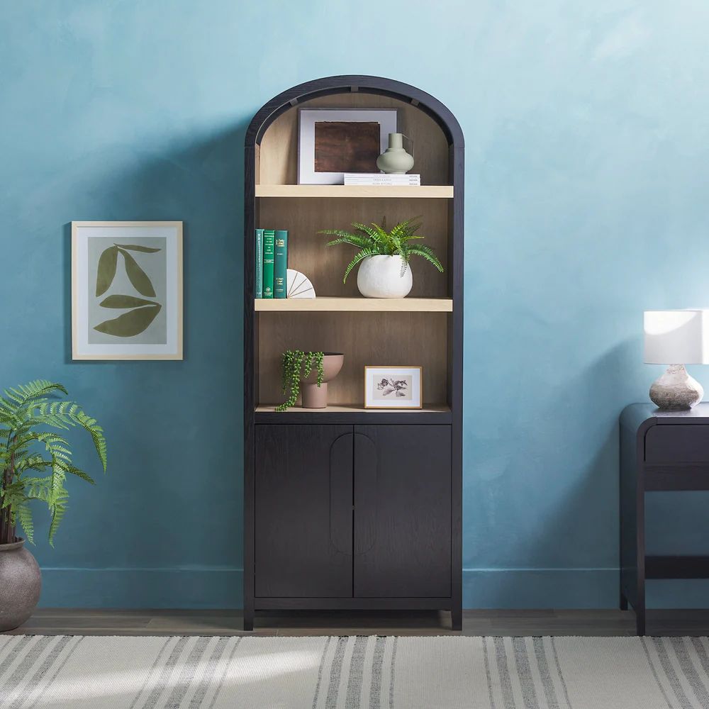 Chantelle Modern Arched Bookshelf with Cabinet-Black