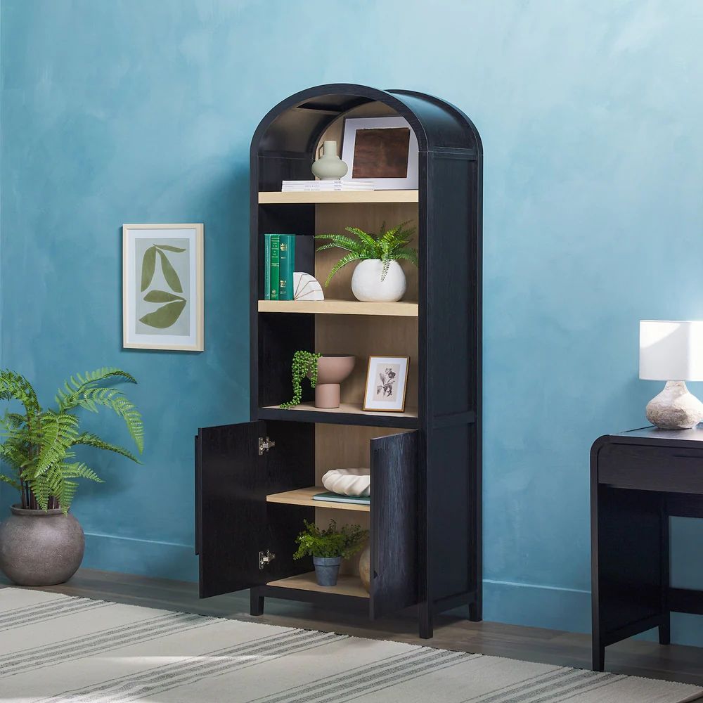 Chantelle Modern Arched Bookshelf with Cabinet-Black