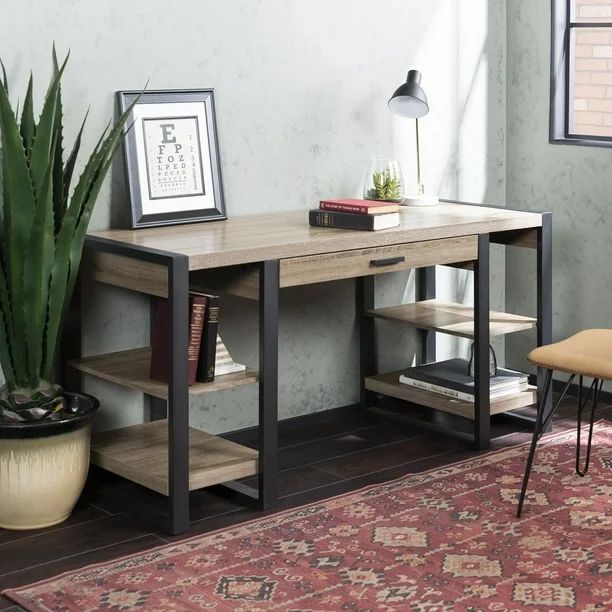 Industrial 4-Shelf Computer Desk with USB Port- Driftwood