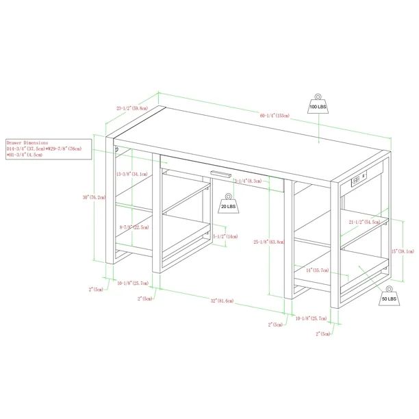 Industrial 4-Shelf Computer Desk with USB Port- Driftwood