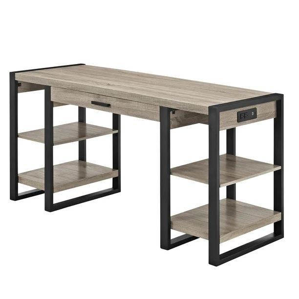 Industrial 4-Shelf Computer Desk with USB Port- Driftwood