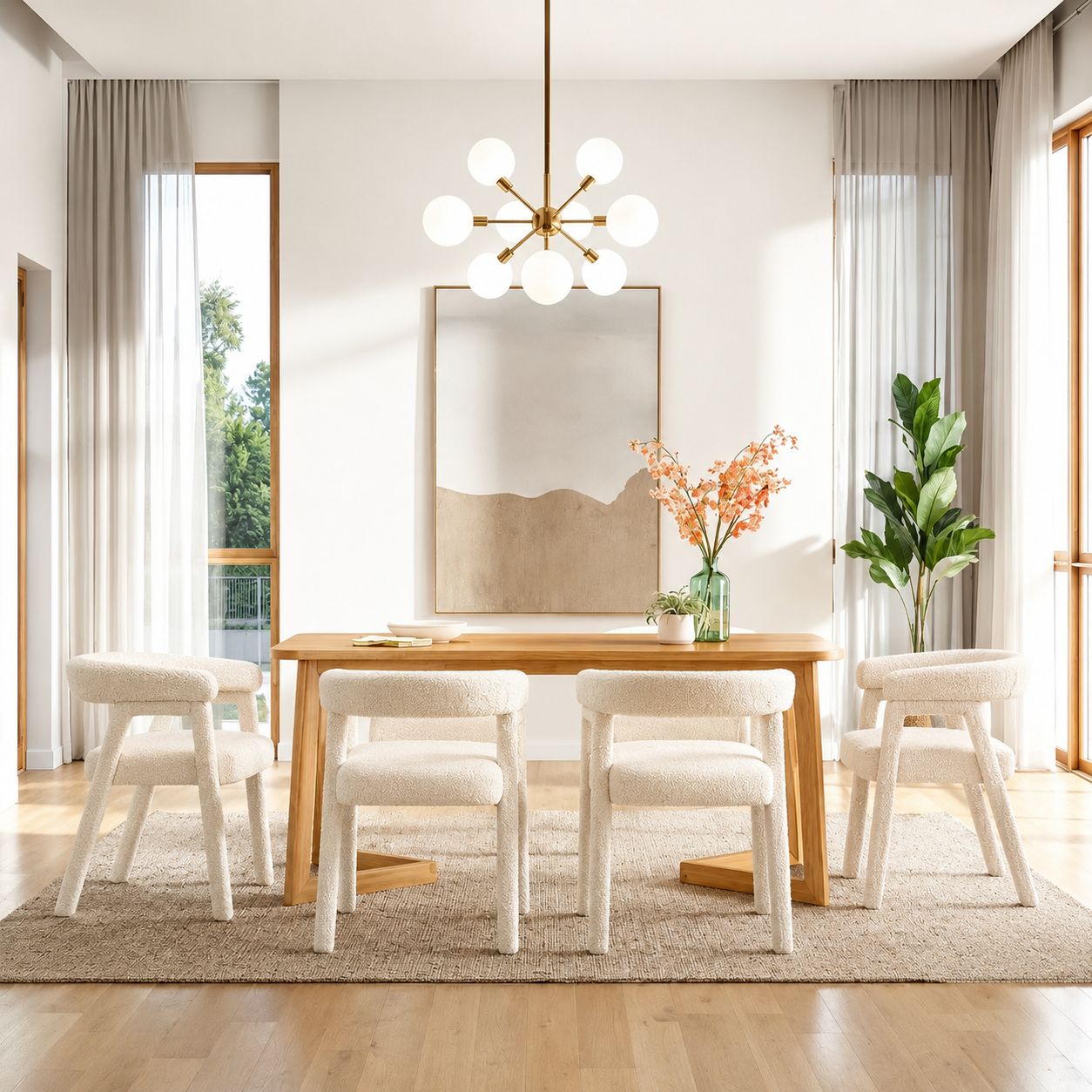 Set of 4 Ezra Modern Boucle Solid Wood Rounded Back Dining Chair